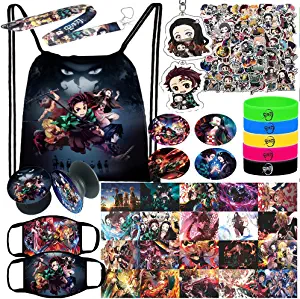 Anime Fan Dream Gift Set - Drawstring Bag Backpack, Stickers, M-asks, Lanyard, Keychains, Bracelets, & Button Pins